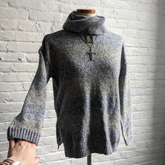 Y2K Vintage Stripes Minimalist Oversize Chunky Knit Striped Turtleneck Sweater - Picture 4 of 7